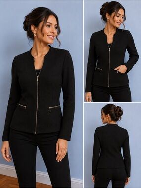 Womens Black Zip-Front Ponte Jacket
